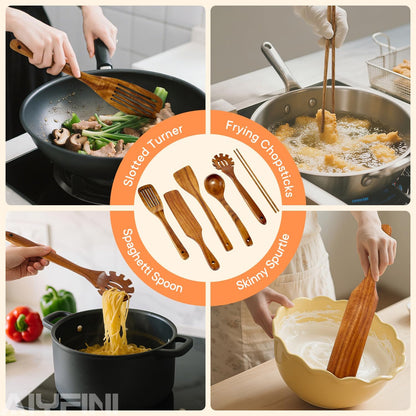 Skiennix Non-Toxic Wooden Kitchen Utensils Set - 15.4" Long Handle Spatula, Turner, Ladle & More