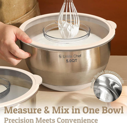 Skiennix Mixing Bowls Set - Airtight Stainless Steel Bowls with Lids & Graters | Khaki 5/3/2/1.5/0.63QT
