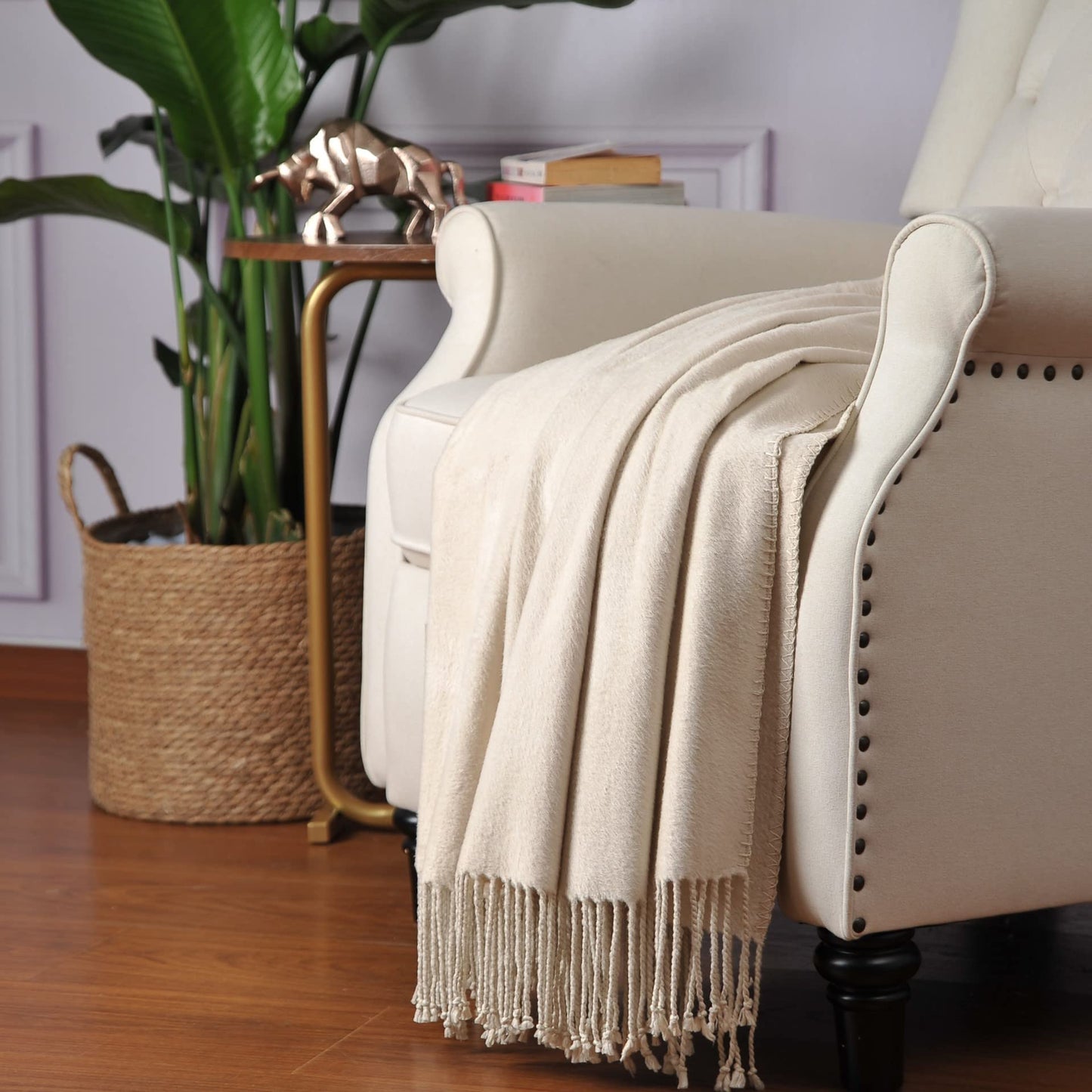 CUDDLE DREAMS Silk Throw Blanket with Hand-Knotted Fringe, Natural, Soft & Breathable (Ivory)