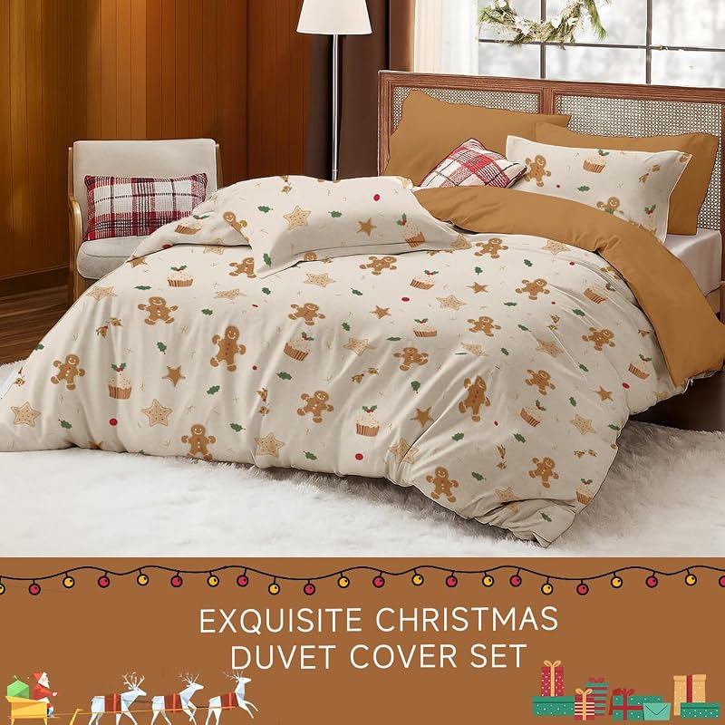 Beige Cartoon Christmas Duvet Cover Twin - 1 Duvet Cover + 1 Pillowcase, Microfiber, For Kids & Adults (Variation: Beige Cartoon+Twin(No Comforter))