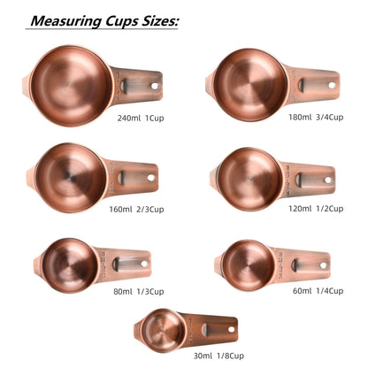 Viwehots Measuring Cups and Spoons Set, Copper Plated Measuring Cups Spoons, Stainless Steel 7 Measuring cups and 9 Measuring Spoons 1 Leveler for Baking and Kitchen, Metal Copper Measure Cups&Spoons