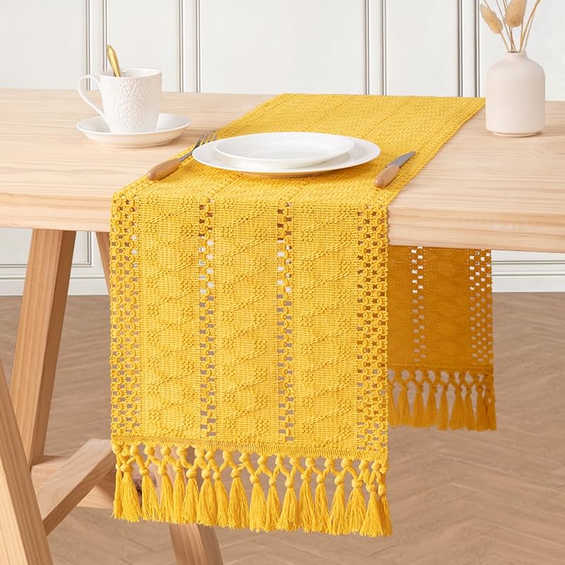 Mustard Yellow Macrame Table Runner 12 x 60 Inches with Tassels - Cotton Linen Blend, Boho Farmhouse Home Decor