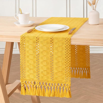 Mustard Yellow Macrame Table Runner 12 x 60 Inches with Tassels - Cotton Linen Blend, Boho Farmhouse Home Decor