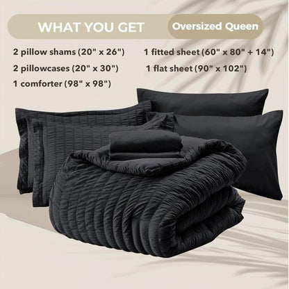 HYMOKEGE Queen Comforter Set - Black Oversized Seersucker 7-Piece Luxury Bedding | All-Season Bed in a Bag