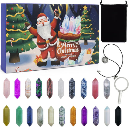 Christmas Crystal Advent Calendar 2025 | Healing Stones Kit with Necklace Holder & Magnifier - 24 Boxes for Kids & Adults