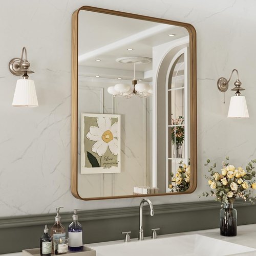 LOAAO Bathroom Mirror - 22x30 Inch Rounded Rectangle with Wood Grain Metal Frame | Anti-Rust, Versatile Hanging Options