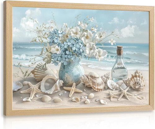 LLEEMPI Coastal Beach Wall Art - Seashell & Starfish Canvas Print | 12x16 Inch Framed Ocean Decor