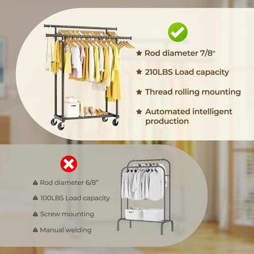 HYSEYY Rolling Clothes Rack - Sturdy Double Rod Portable Wardrobe for Bedroom & Laundry | Black