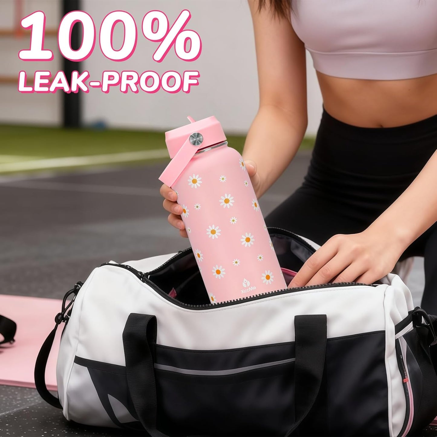 Skiennix Pink Daisy Water Bottle - 32oz Insulated with Flip Straw & Handle | Leak-Proof Stainless Steel Gift for Women & Teens