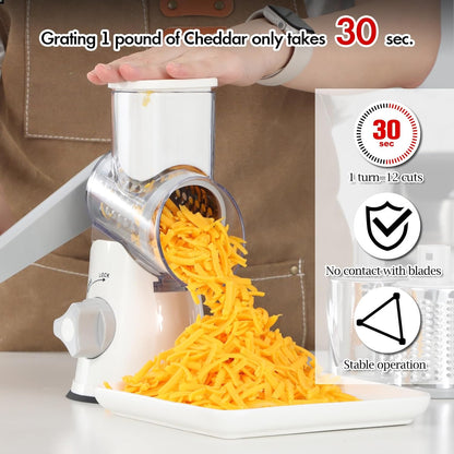 Ourokhome Rotary Cheese Grater - Hand Crank Kitchen Shredder with 5 Blades for Cheese, Vegetables & Nuts - White