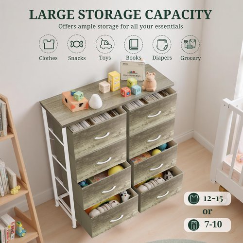 8-Drawer Dresser for Bedroom, Anti-Tip Tall Storage Organizer Chest of Drawers with Wooden Top and Metal Frame Fabric Bins for Closet, Living Room, Hallway, Entryway, Greige Oak