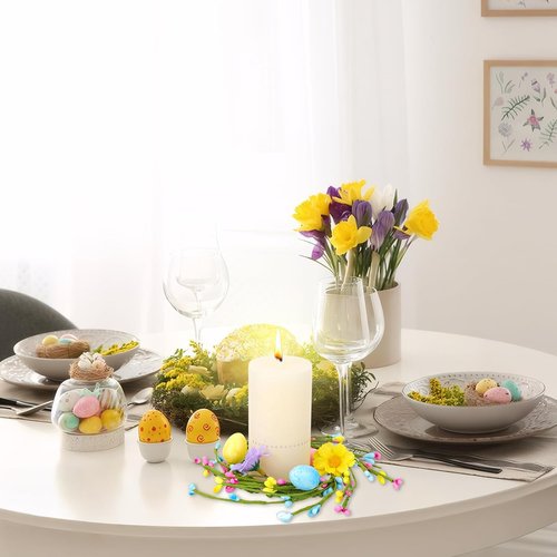 Jansun Easter Candle Rings - 4 Pcs Mini Wreaths with Pink & Blue Eggs for Table Centerpieces
