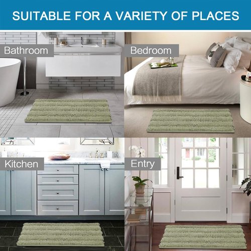 H.VERSAILTEX Bath Mats for Bathroom Non Slip Thick Chenille Striped Bath Rug Absorbent Fluffy Soft Shaggy Rugs Washable Dry Fast Plush Mats for Indoor, Bath Room, Tub - 20" x 32", Eucalyptus Green
