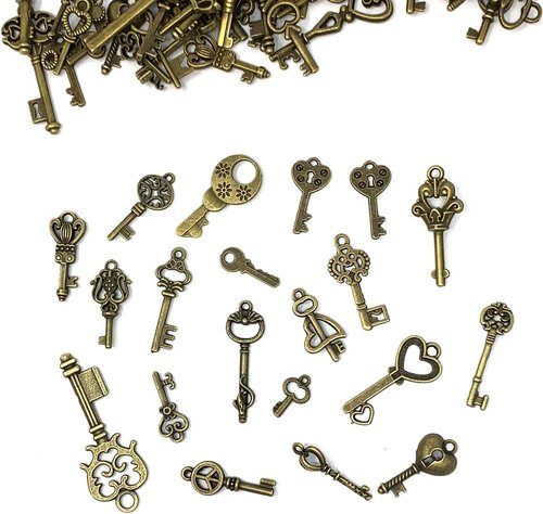 JIALEEY Vintage Skeleton Key Set - 125 PCS Antique Bronze Charms for DIY Jewelry & Wedding Favors