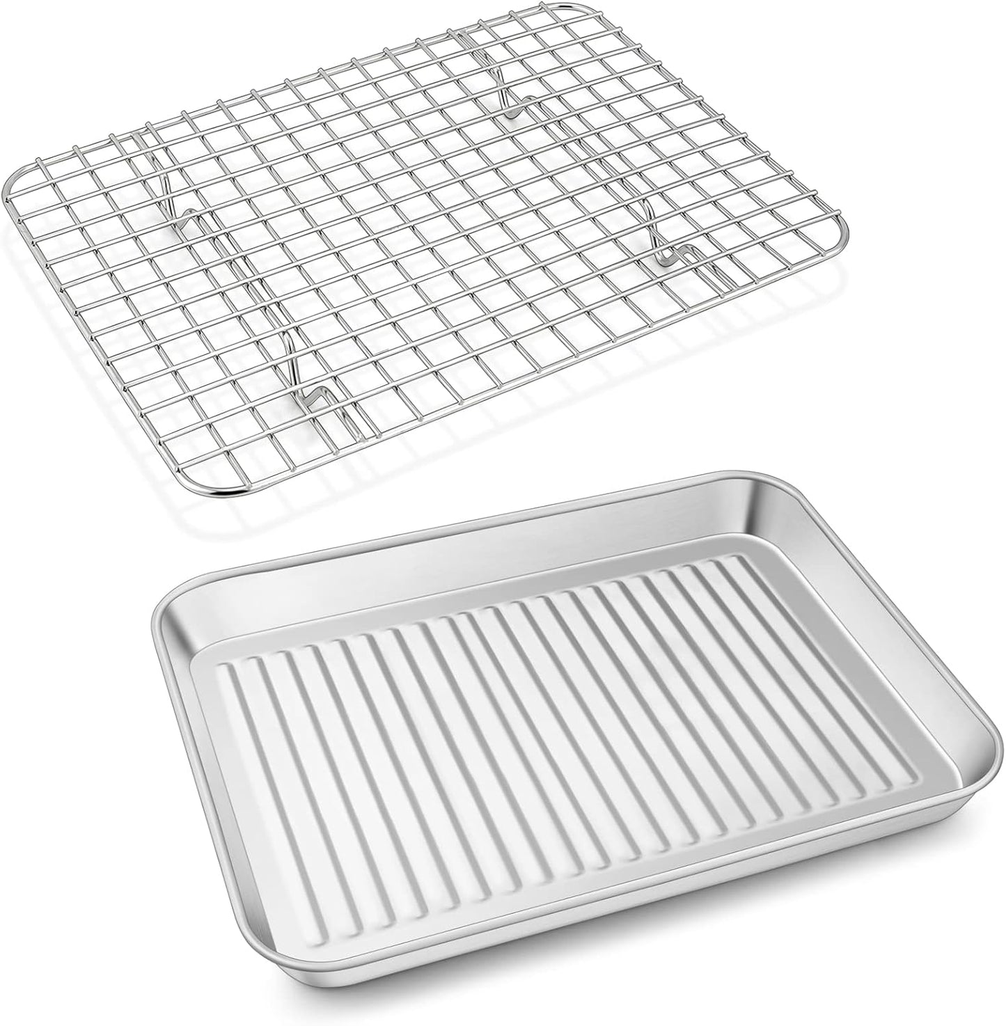 P&P CHEF Stainless Steel Baking Oven Pan - Versatile Sheet Tray with Wire Rack | 10.5 x 8 x 1 Inch, Dishwasher Safe