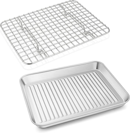P&P CHEF Stainless Steel Baking Oven Pan - Versatile Sheet Tray with Wire Rack | 10.5 x 8 x 1 Inch, Dishwasher Safe