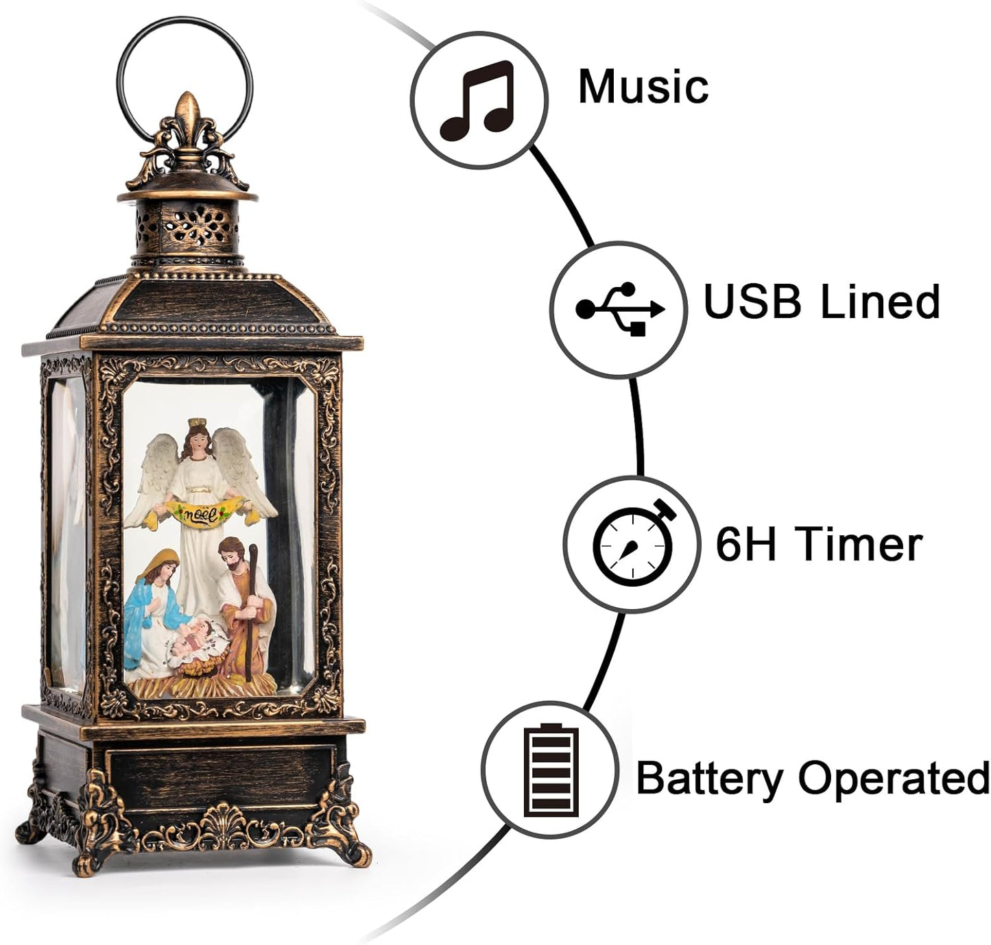 VISFLAIR Christmas Snow Globe - Lighted Angel & Nativity Scene | Musical Water Lantern, Battery or USB Powered Holiday Decor
