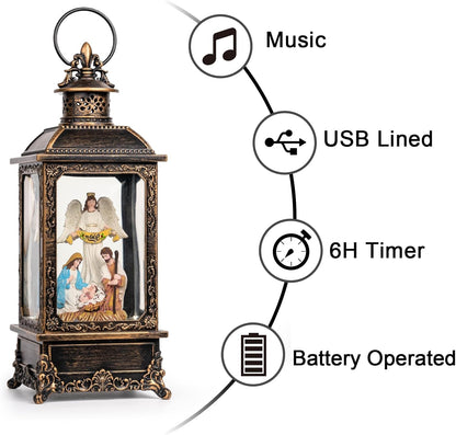 VISFLAIR Christmas Snow Globe - Lighted Angel & Nativity Scene | Musical Water Lantern, Battery or USB Powered Holiday Decor