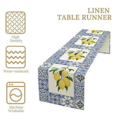 Lemon & Blue Tiles Table Runner 13x60in - Cotton Linen, Reusable Picnic & Dining Decor - Variation Lemon-7+W13"x L60"