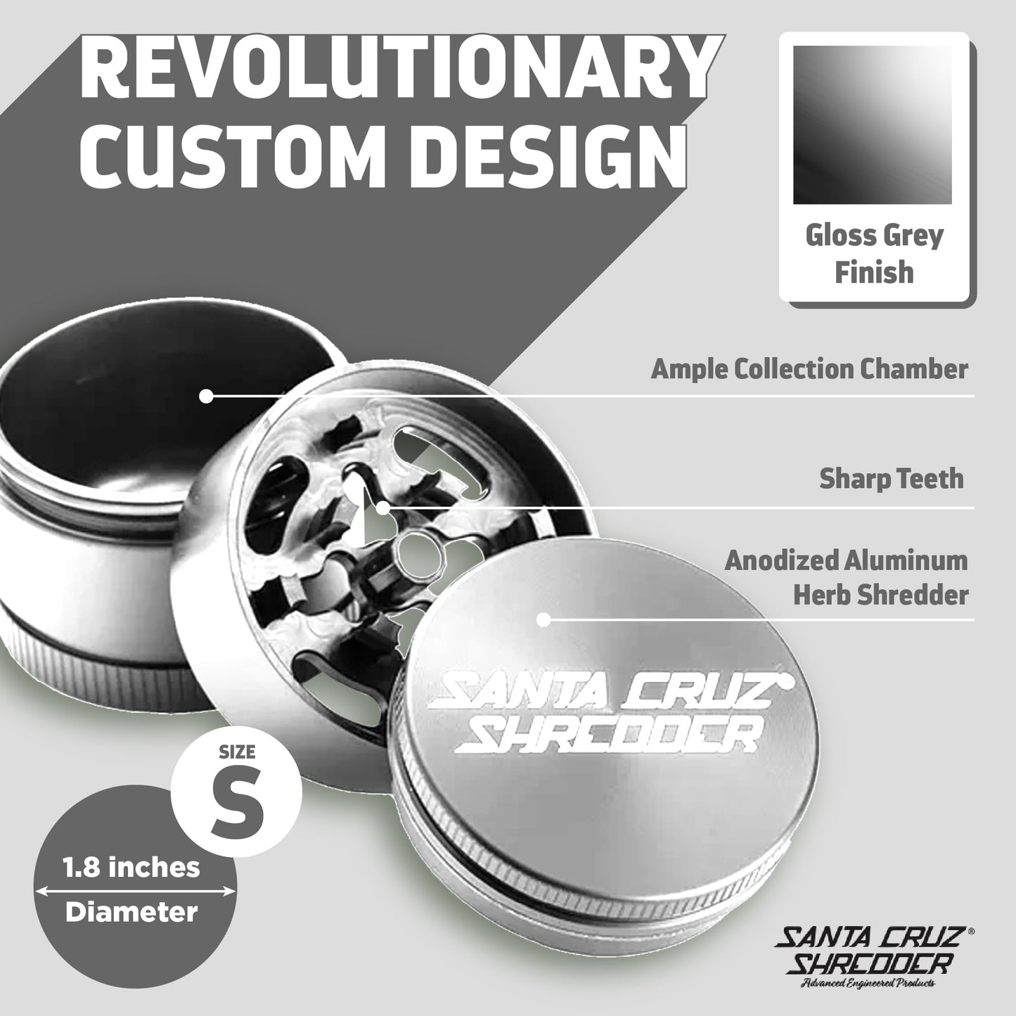 Santa Cruz Shredder Metal Herb Grinder Knurled Top for Stronger Grip 3 Piece Small 1.7" (Grey)
