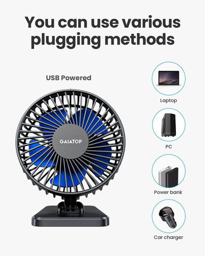 Gaiatop USB Desk Fan - Powerful Portable Mini Fan with 3 Speeds | Quiet Cooling for Home, Office, Travel - Blue