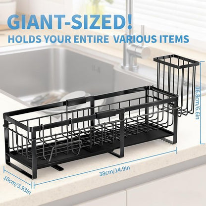 Aurblozen Extra Large Extendable Sponge Holder - Rustproof Kitchen Sink Caddy Organizer | Black