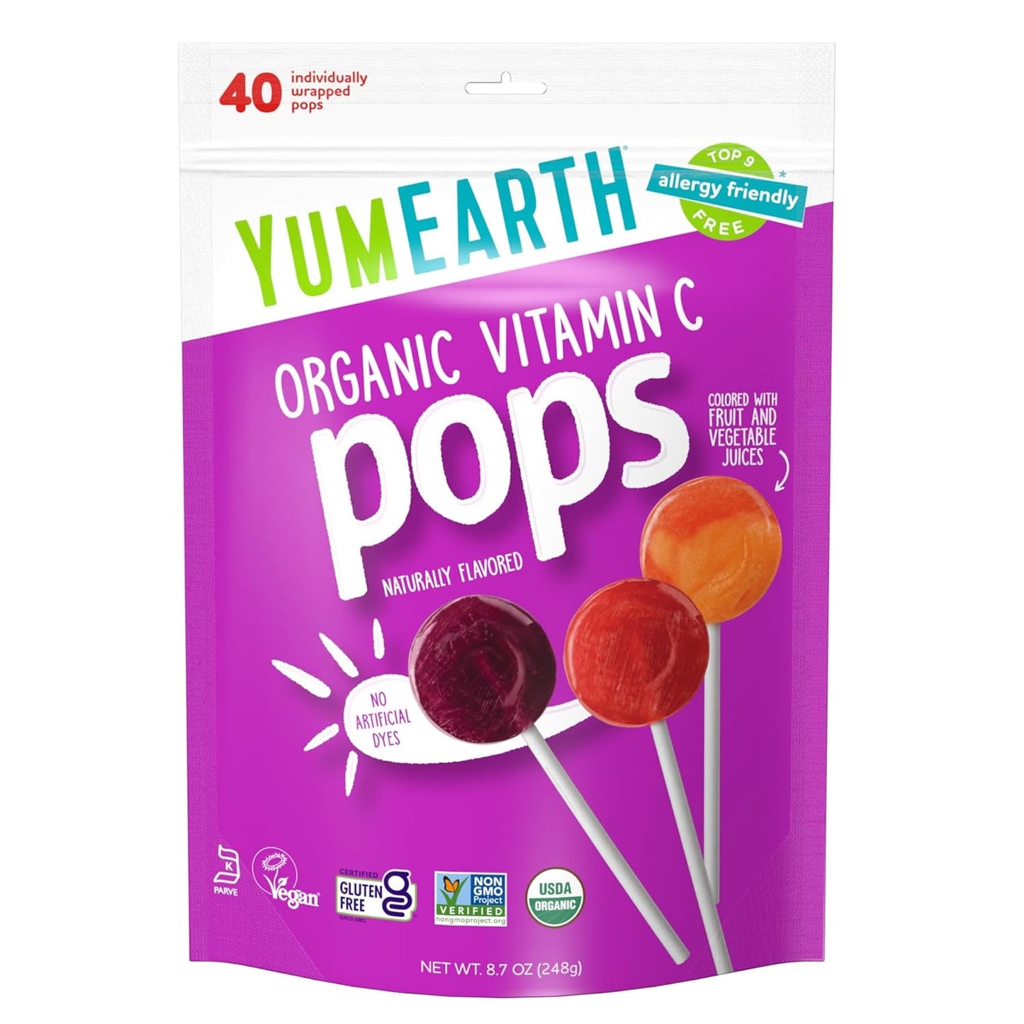 YumEarth Organic Vitamin C Pops - 40 Fruit Flavored Lollipops | Allergy Friendly, Gluten Free, Vegan