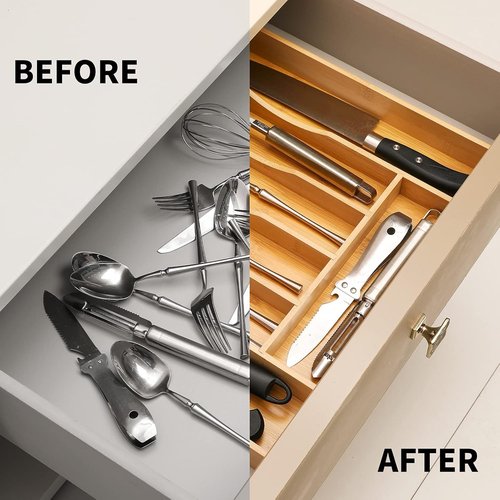 Bamboo Expandable Kitchen Drawer Organizer - Adjustable Cutlery Tray for Utensils | Natural Wood Finish