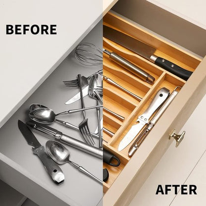 Bamboo Expandable Kitchen Drawer Organizer - Adjustable Cutlery Tray for Utensils | Natural Wood Finish