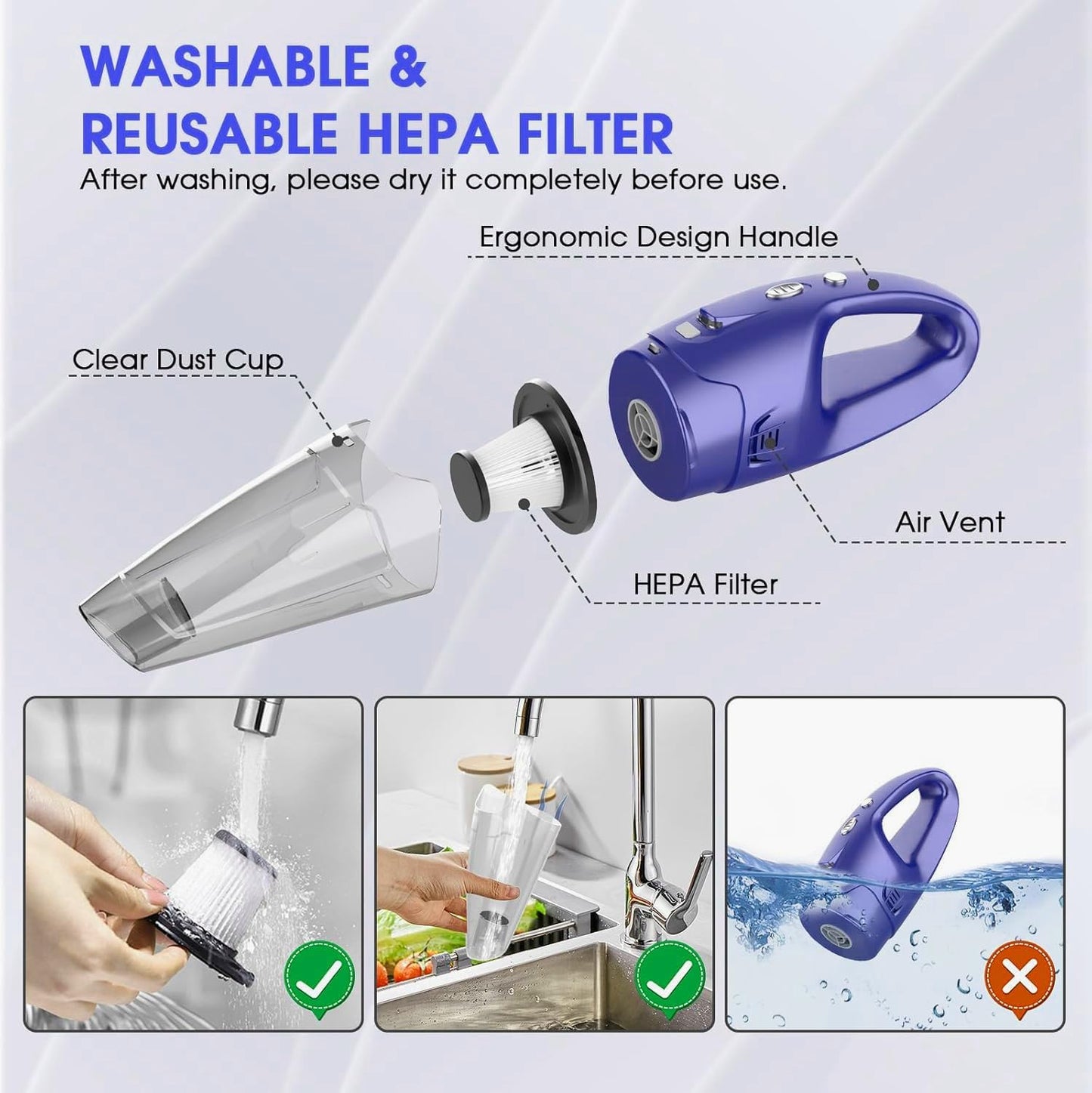 YOOHI Handheld Vacuum - Cordless Rechargeable Mini Vacuum with 6000Pa Suction | LED Light, 20-25 Min Runtime, 500ML Cup