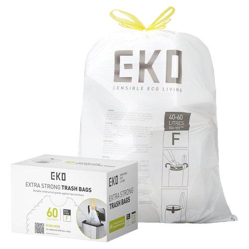 EKO 13 Gallon / 40-60 Liter, 60 Count Drawstring Trash Bags, Extra-Strong Unscented Garbage Bags, Easy-Dispense Roll for Kitchen & Household Use, Leak-Resistant, Code F, White