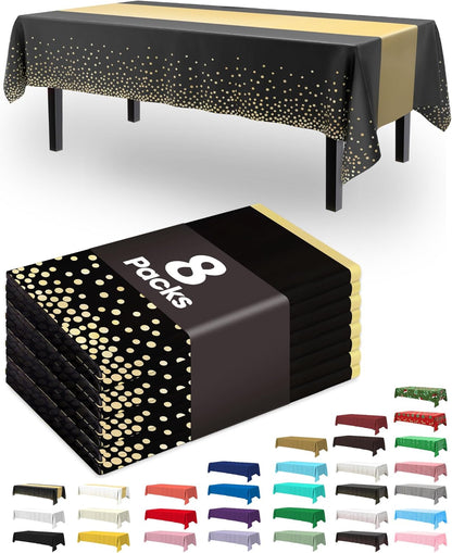 Pureegg Disposable Plastic Tablecloths - 8 Pack, 54 x 108 Inch, Leakproof & Sturdy, Black Gold for Graduation Parties