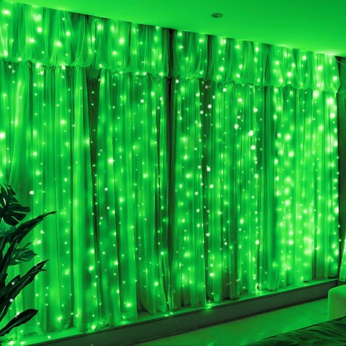 HXWEIYE 300LED Fairy Curtain Lights - 9.8x9.8Ft USB Plug-In with 8 Modes & Remote | Green Indoor Decor