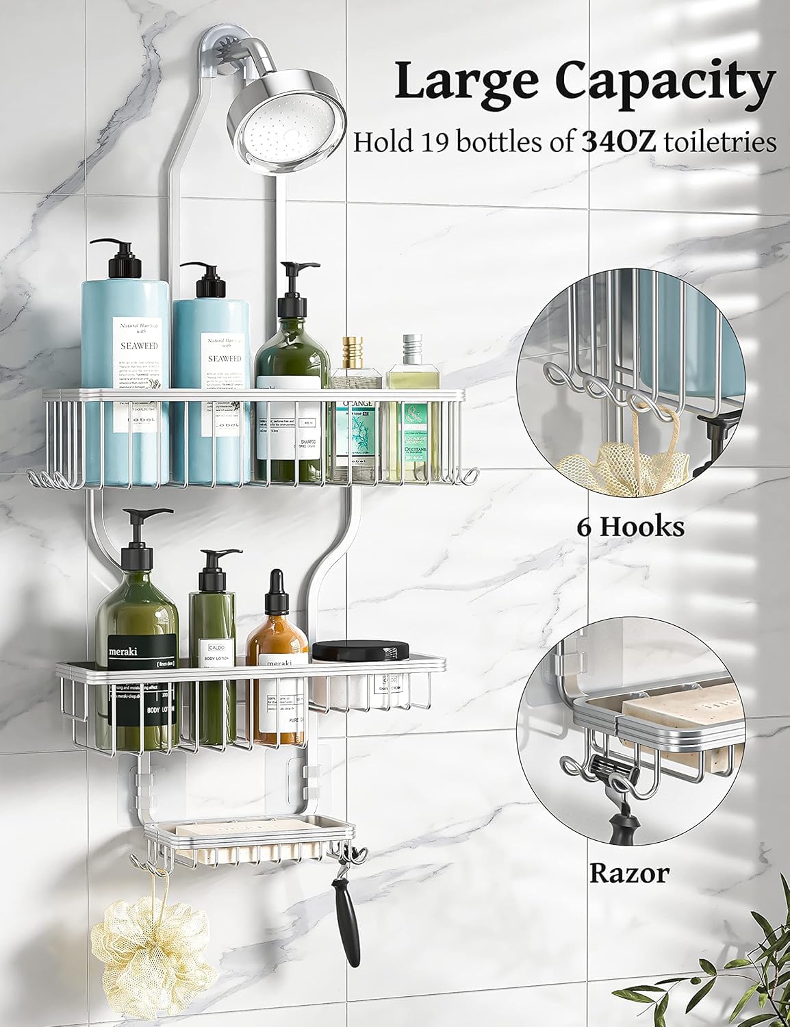 YASONIC Shower Caddy - Rust-Proof Aluminum Organizer with 10 Hooks & Soap Basket - Silver