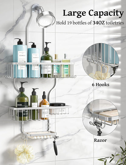 YASONIC Shower Caddy - Rust-Proof Aluminum Organizer with 10 Hooks & Soap Basket - Silver