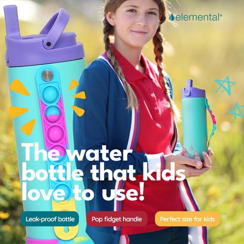 Elemental Iconic Kids Water Bottle - Leak-Proof Stainless Steel with Straw Lid & Pop It Handle, 14oz | Blue Tie Dye