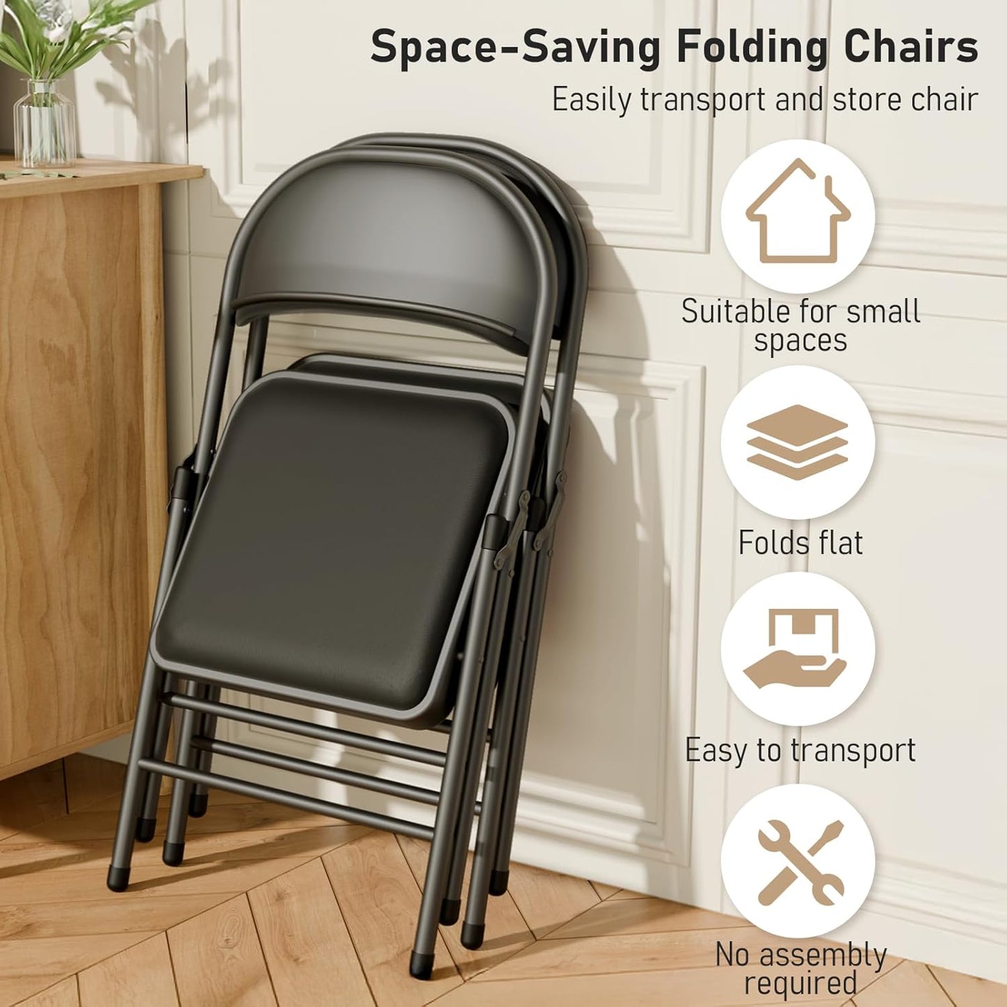 Black Folding Chairs - Heavy-Duty Steel Frame, 350LBS Capacity | 6-Pack for Indoor/Outdoor Events