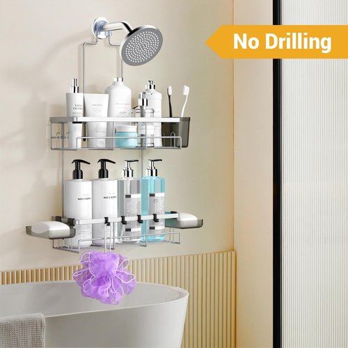 AKTECKE Shower Caddy - Rustproof Hanging Bathroom Organizer | No-Drill Shelf for Shampoo & Soap - Chrome Finish
