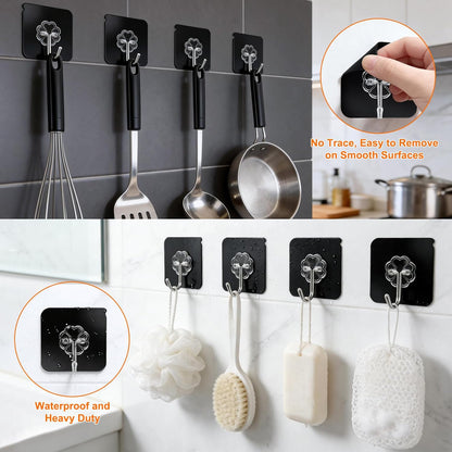 DDMY Heavy Duty Adhesive Hooks - 50lb Max Capacity, Waterproof & Reusable Black Wall Hooks | 8 Pack for Bathroom & Kitchen