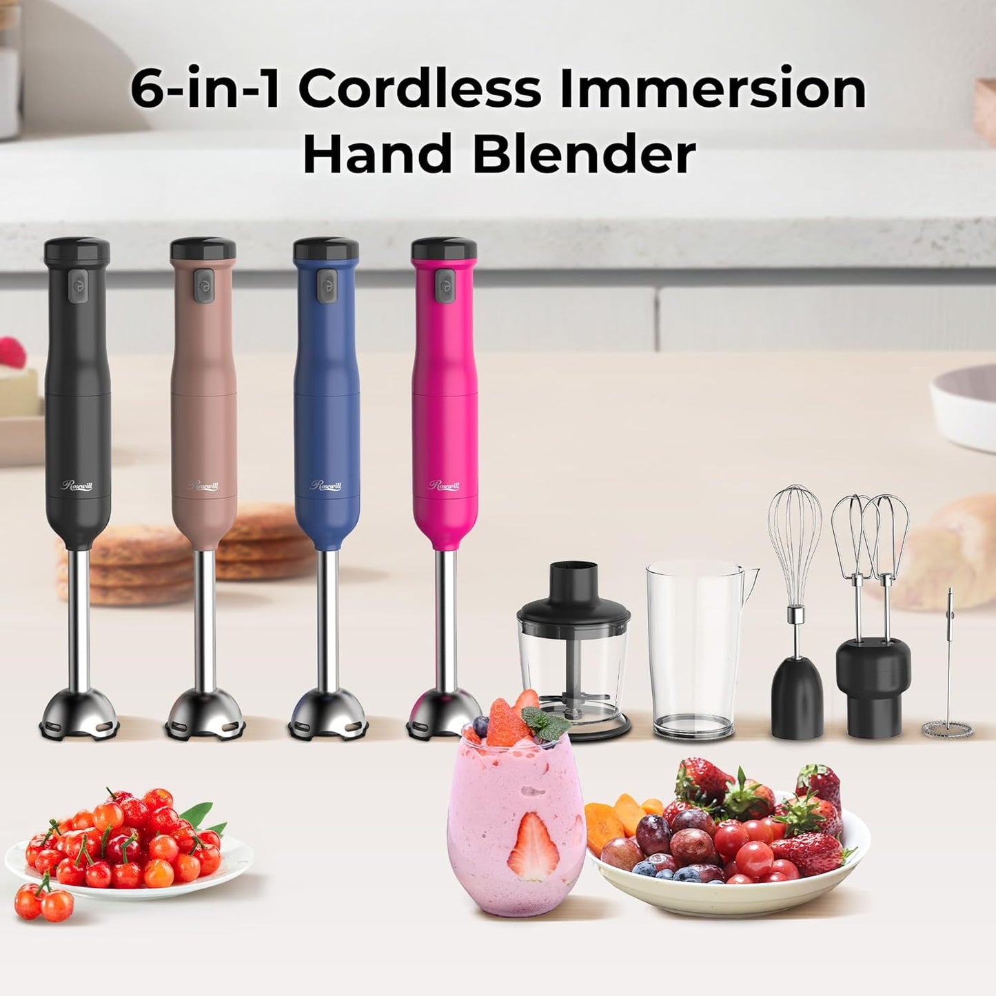 Rosewill 6-in-1 Cordless Immersion Hand Blender - Multi-Speed Heavy Duty Motor | Includes Beaker, Whisk, Chopper, Milk Frother - Perfect for Smoothies, Baby Food, Soup - Blue