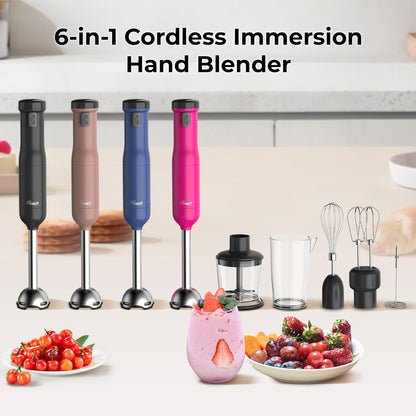 Rosewill 6-in-1 Cordless Immersion Hand Blender - Multi-Speed Heavy Duty Motor | Includes Beaker, Whisk, Chopper, Milk Frother - Perfect for Smoothies, Baby Food, Soup - Blue