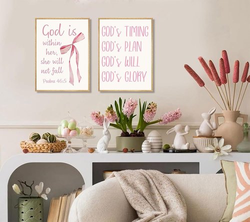 Coquette Pink Bow Canvas Wall Art - Inspirational Christian Bible Verses for Girls' Room | 12"x16" Unframed