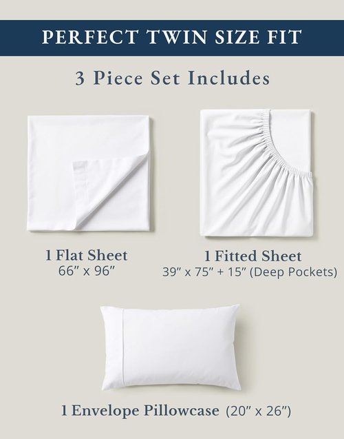 LANE LINEN 100% Organic Cotton Twin Sheets Set - Soft & Breathable Percale Bedding for Dorm Room | White 3-Piece Set