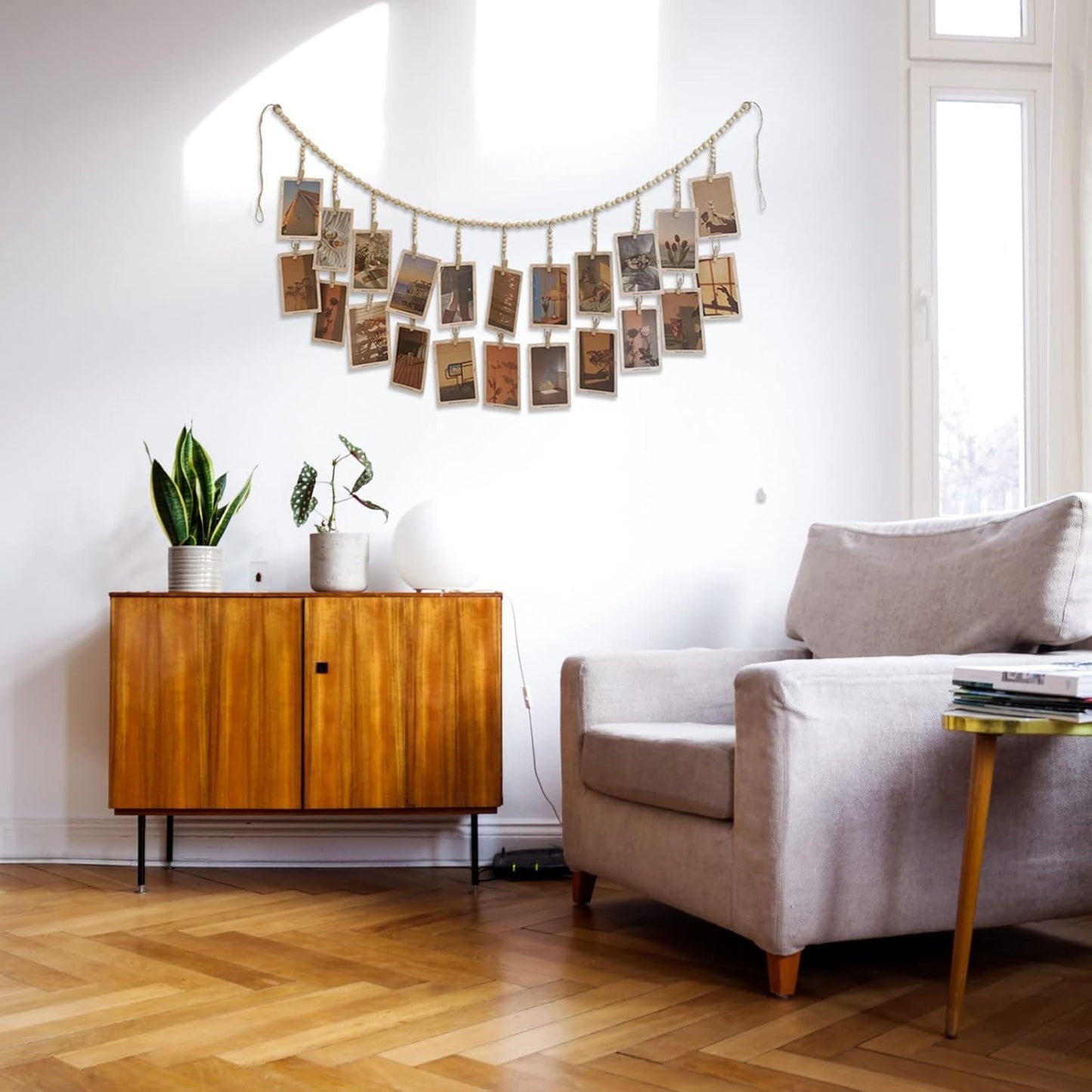 Wooden Bead Garland Photo Display | 22 Clip Boho Style Collage Frame for Dorms & Bedrooms