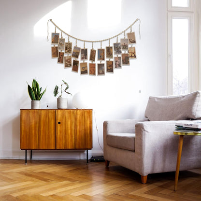 Wooden Bead Garland Photo Display | 22 Clip Boho Style Collage Frame for Dorms & Bedrooms