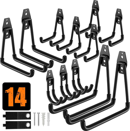 QcoQce Heavy-Duty Garage Hooks - 14 Pack Wall Mount Storage Solution for Bikes, Ladders & Tools
