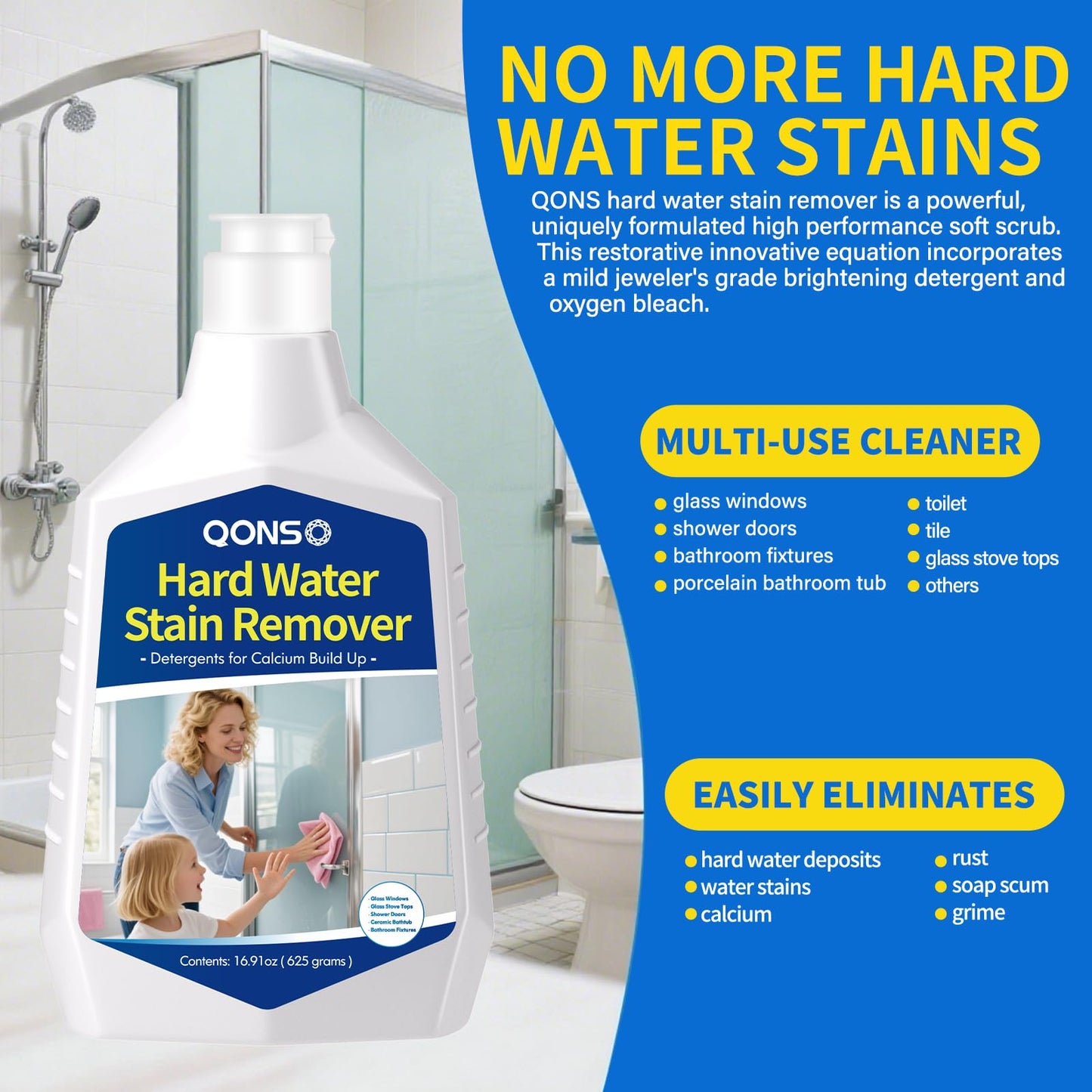 QONS Hard Water Stain Remover, Shower Glass Door Cleaner Cream For Hard Water Stain,Bathroom Glass,Windows,Tile,Grout,Toilet Bowl,Calcium Build Up,Hard Water Cleaner 16.91 Oz (670 Grams)