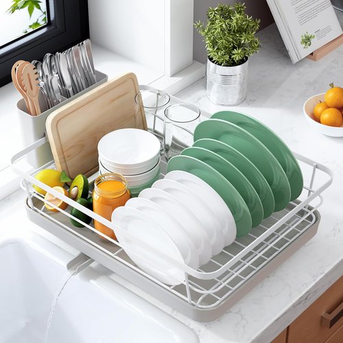 Kitsure Dish Drying Rack - Stainless Steel Kitchen Organizer with Cutlery Holder | 12"W x 15.5"L, Light Grey