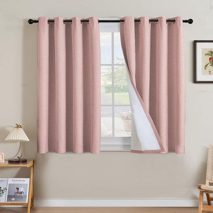 H.VERSAILTEX Linen Curtains 100% Blackout Curtains for Bedroom 45 inch Long Full Light Blocking Nature Linen Blended Window Curtains for Living Room Nickel Grommet (2 Panels, Heathered Baby Pink)