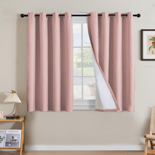 H.VERSAILTEX Linen Curtains 100% Blackout Curtains for Bedroom 45 inch Long Full Light Blocking Nature Linen Blended Window Curtains for Living Room Nickel Grommet (2 Panels, Heathered Baby Pink)
